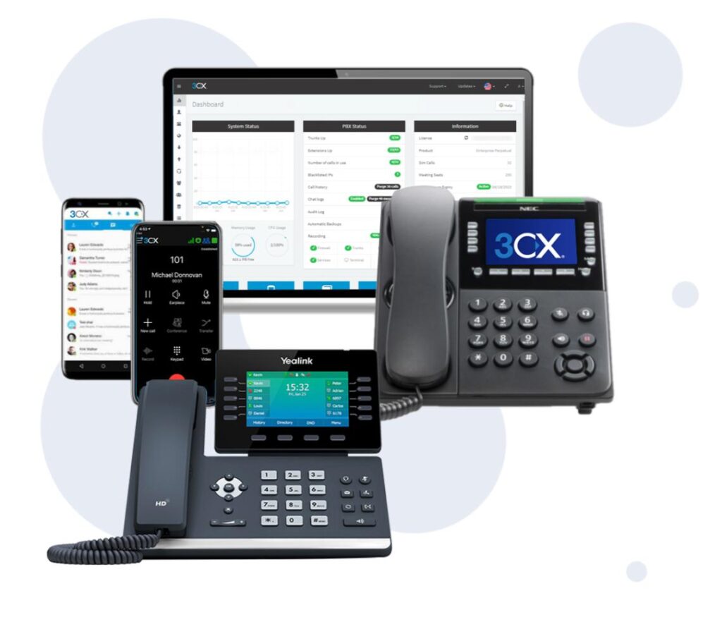 3CX phone system with VoIP, video conferencing, and live chat for business communications