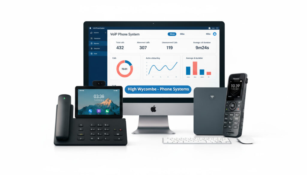 Modern business VoIP phone systems setup with dashboard analytics in High Wycombe office