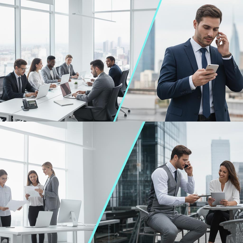 Business mobile solutions integrated collage showing phones, broadband, and connectivity services