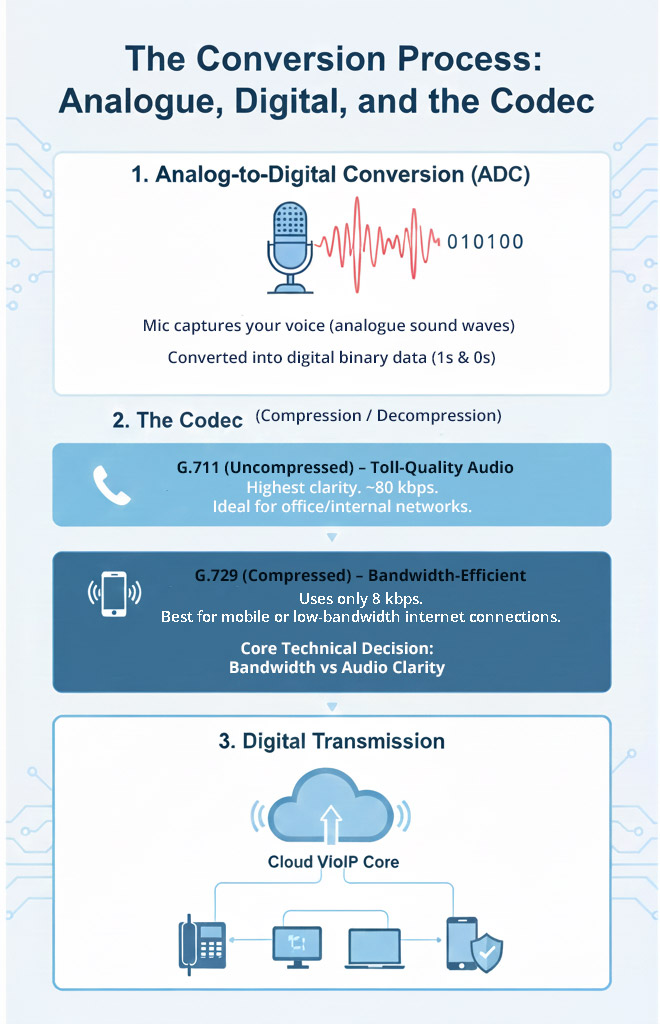 VoIP audio conversion process infographic showing analogue-to-digital conversion (ADC), G.711 and G.729 codecs, and digital transmission to a cloud VoIP core