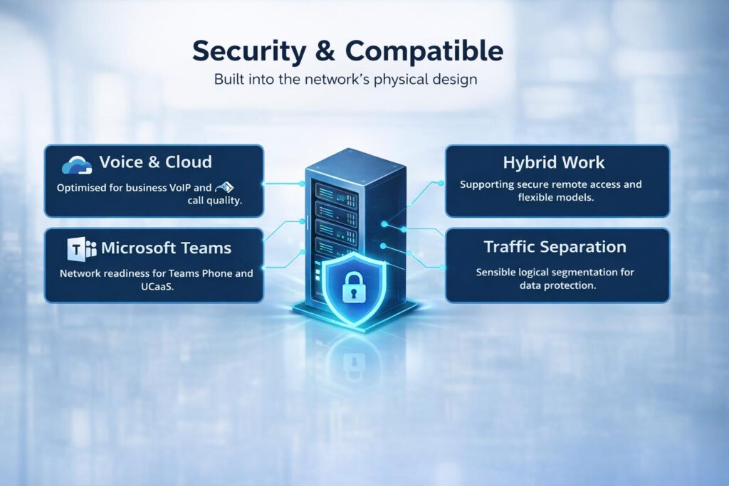 Infographic showing network security design with traffic separation, Microsoft Teams readiness, and secure hybrid work connectivity.
