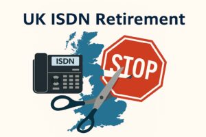 A technical comparison chart of ISDN2e BRI and ISDN30 PRI standards showing B-channels and D-channels for UK business phone systems ahead of the 2027 retirement