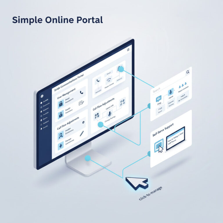 Screenshot or diagram of the intuitive Cloud VoIP online management portal dashboard, showing options for User Management, Call Flow Adjustments (IVR/Hunt Groups), and Self-Serve Support resources.