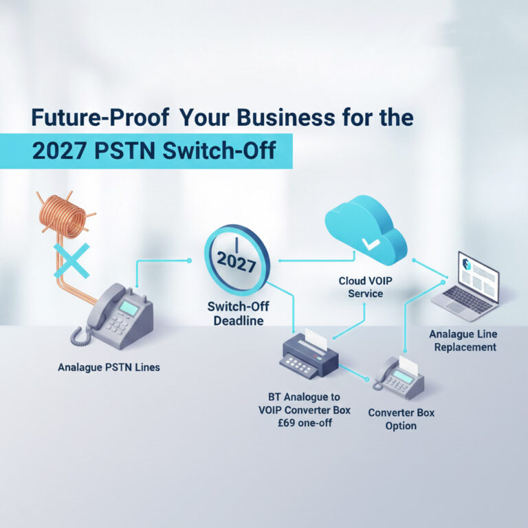 Diagram showing Cloud VoIP as the future-proof solution for the 2027 PSTN Switch-Off, highlighting Analogue Line Replacement and the optional BT Analogue to VoIP Converter Box for legacy devices.