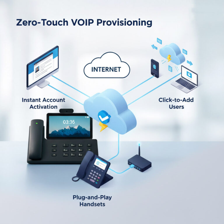 Explainer graphic illustrating Stride Communication's Zero-Touch VoIP provisioning process, showing new hardware automatically setting up for immediate use without manual configuration.