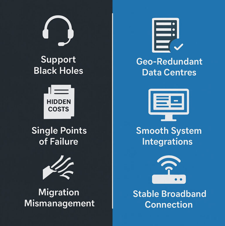 Alt Text: Infographic detailing the real risks of choosing the wrong VoIP provider for British businesses, including offshore support and hidden costs, contrasted with Stride Communication's UK-based, full-service, and resilient infrastructure solution.