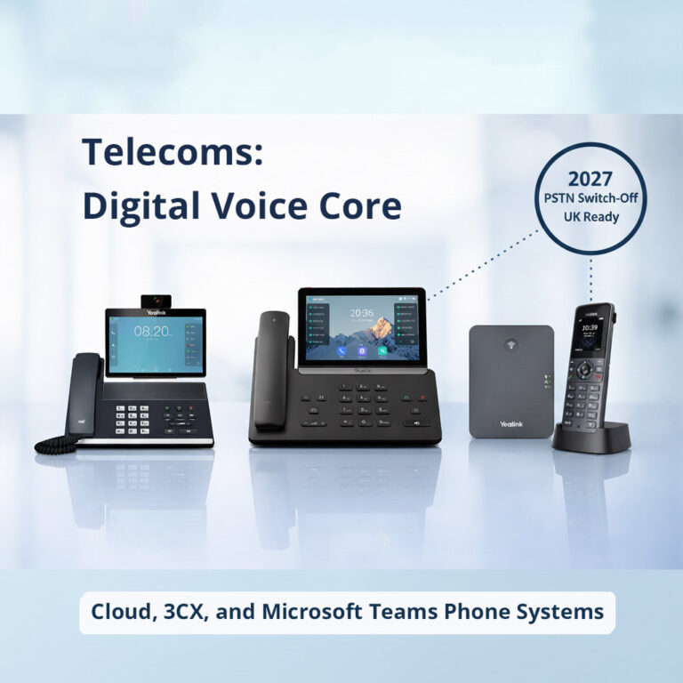 Business owner using a cloud phone system for reliable VoIP calls in a modern UK office