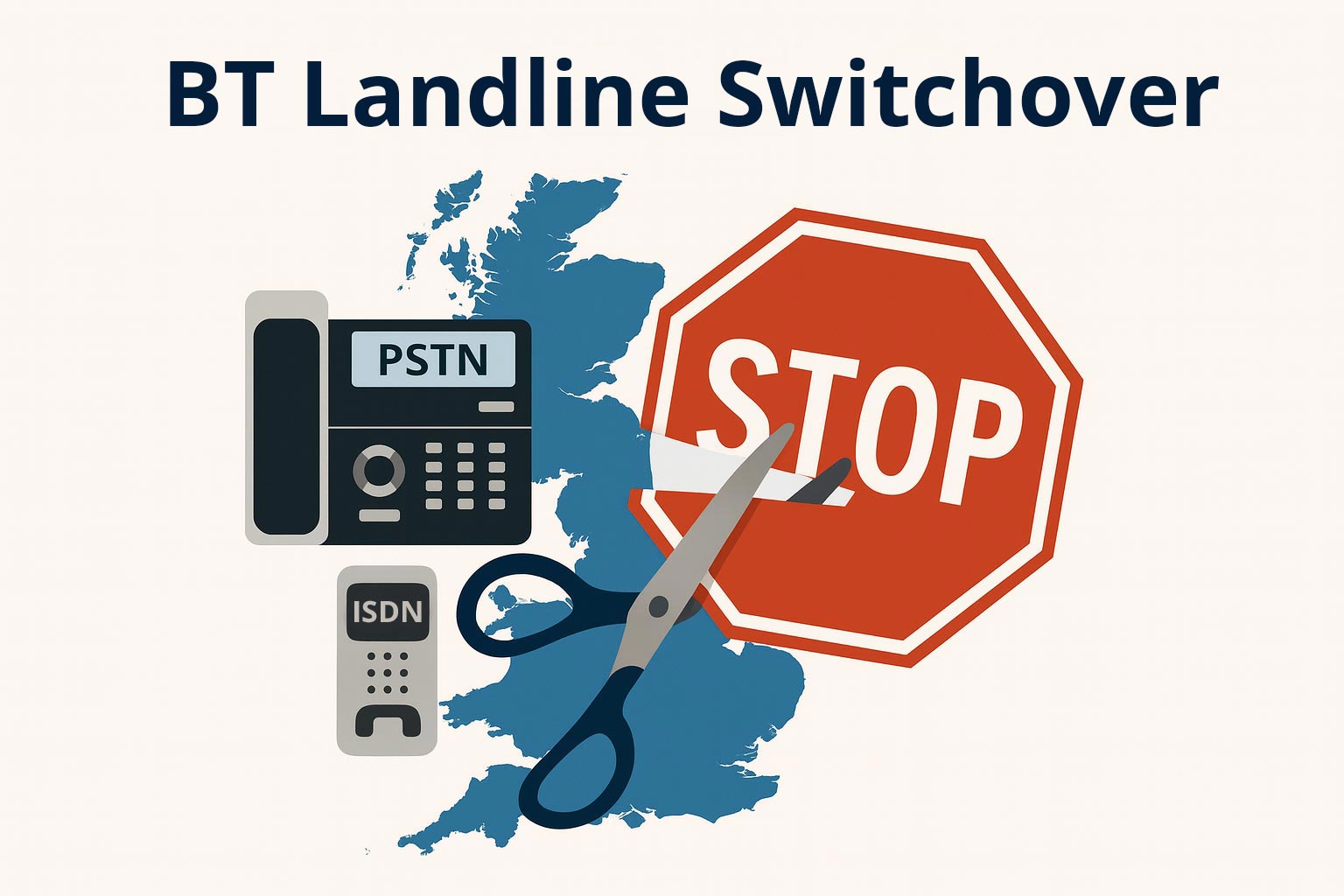 Illustration showing BT landline switchover in the UK with ISDN phone, stop sign, and 2027 deadline
