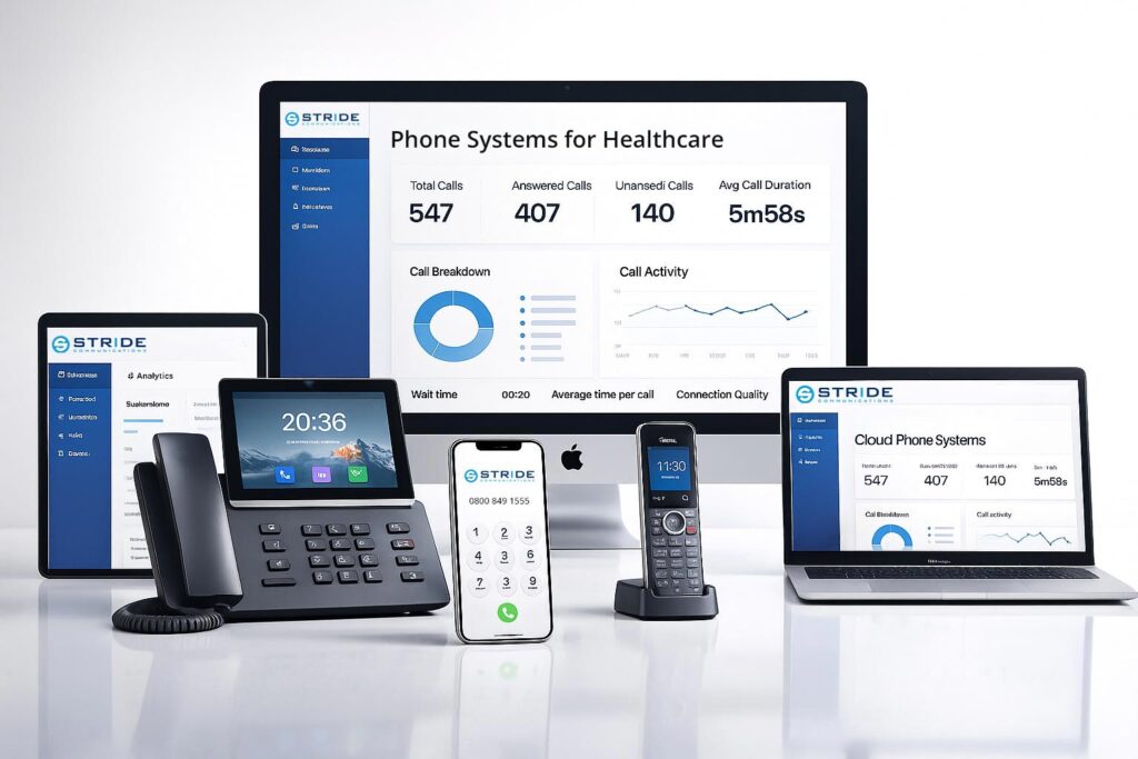 A medical professional using a modern VoIP phone system in a healthcare clinic to manage patient call