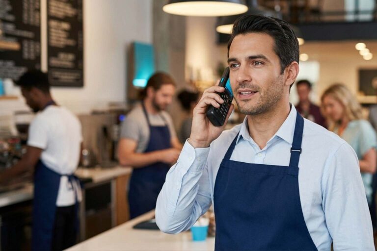 Manager in a cafe using a cordless handset for a retail small business phone system.