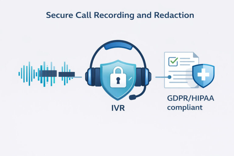A dashboard interface showing automated audio redaction of patient PHI and secure encrypted call recording logs