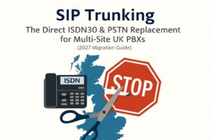 A professional technical workspace showing a hybrid cloud PBX system replacing legacy ISDN30 lines for a UK business.