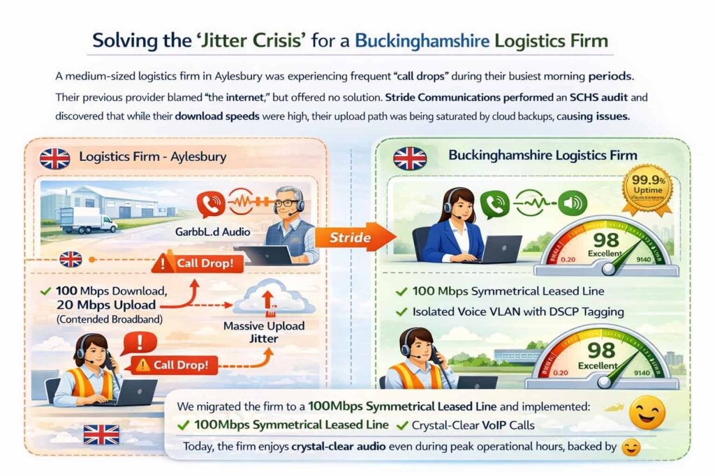 Buckinghamshire logistics firm fixing VoIP jitter with a 100Mbps leased line and QoS configuration