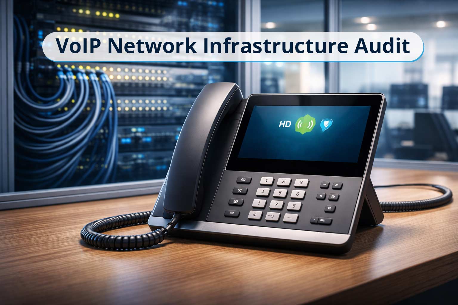 Professional VoIP network infrastructure audit showing a modern desk phone connected to a high-capacity managed server rack for UK business telephony.