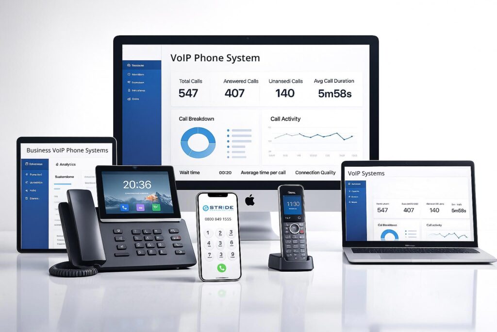 Professional VoIP phone system hardware installation for a UK business office featuring high-definition IP handsets and PoE connectivity