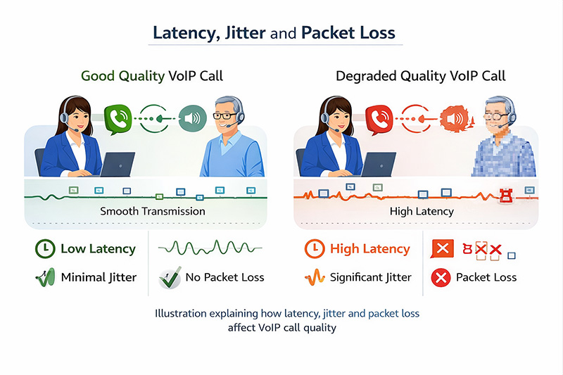 Diagram showing QoS and DSCP EF tagging prioritising VoIP packets over other traffic on a UK business network